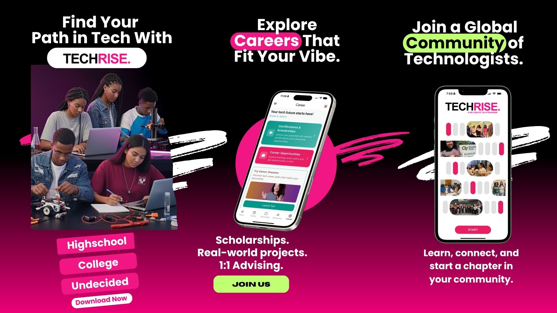 Screens from the TechRise app